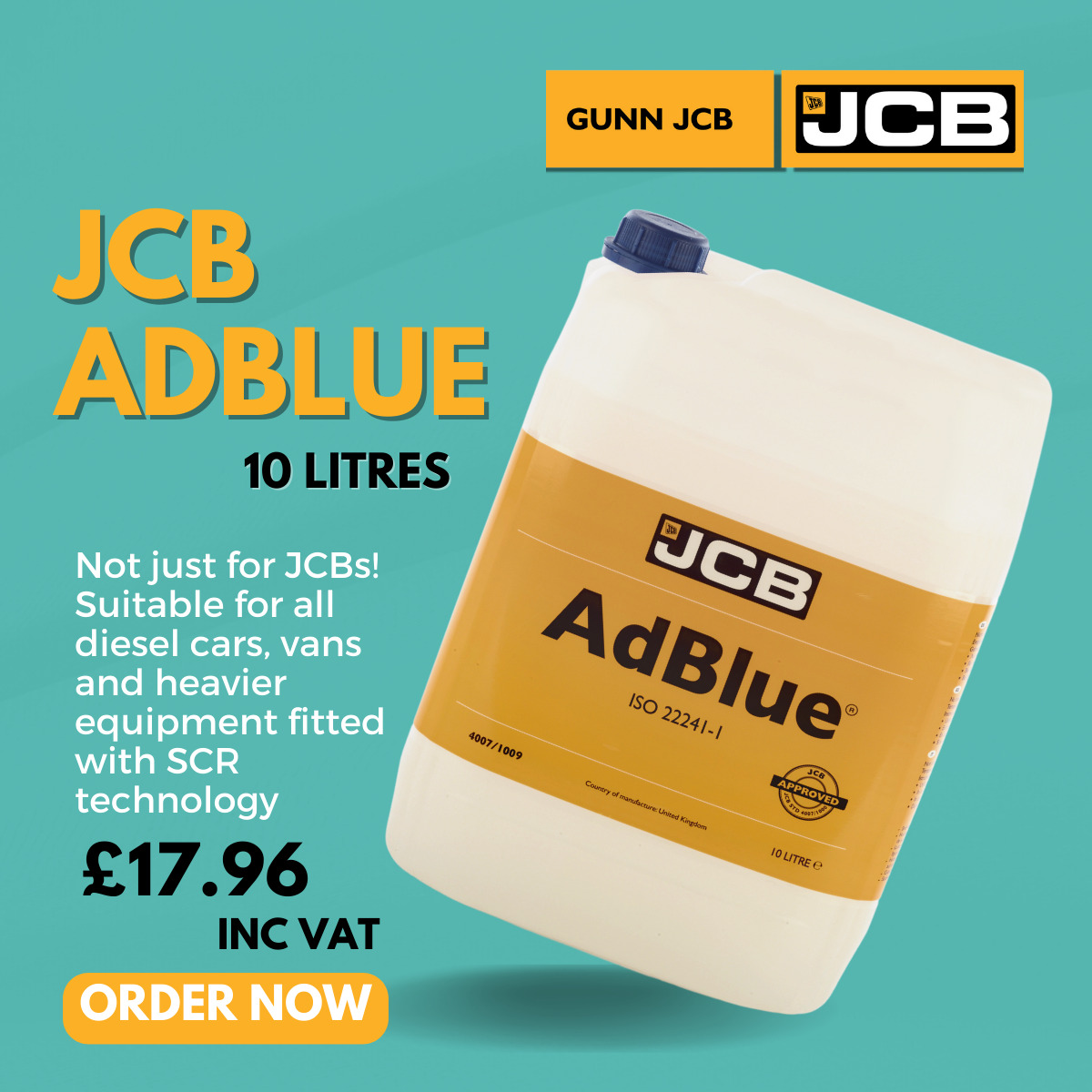 10L of JCB AdBlue for just £17.96 at Gunn JCB - Gunn JCB
